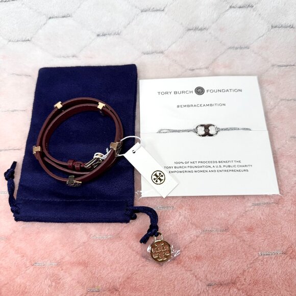 Tory Burch Leather Wrap Logo Bracelet and Embrace Ambition Bracelet w Dust Bag - Picture 1 of 9